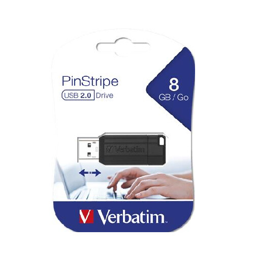 USB kľúč, 8 GB, USB 2.0, 10/4MB/sec, VERBATIM ''PinStripe'', čierna