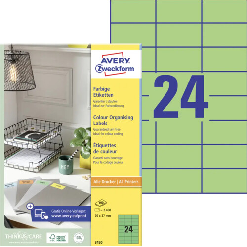 Etikety farebné 70x37mm  Avery A4 100 hárkov zelené