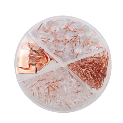 Kancelárska sada 4v1 pripináčiky/binder clip/spony - medená farba