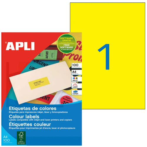 Etikety farebné 210x297mm APLI A4 100 hárkov fluo žlté