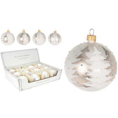 Vianočná guľa 80 mm, glitrovaný dekor stomček (mix 4 dizajnov, cena /1 ks)