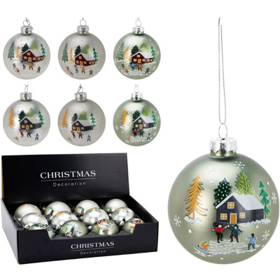 Vianočná guľa 80 mm, dekor zimné motívy (mix 6 dizajnov, cena /1 ks)