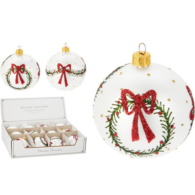 Vianočná guľa 80 mm biela, glitrovaný dekor (mix 2 dizajnov, cena /1 ks)