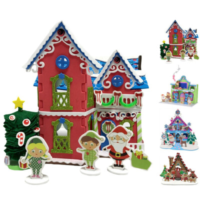 Vianočná scéna 180x65x205 mm (červený, hnedý, zelený, modrý domček) remeselne ...