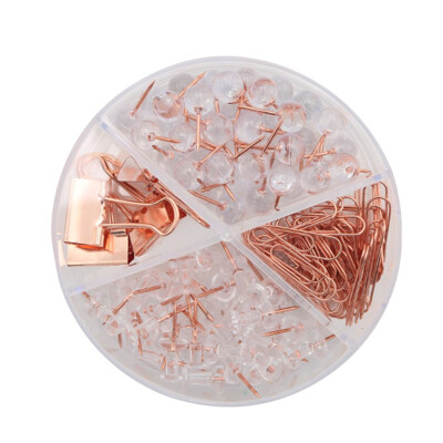 Kancelárska sada 4v1 pripináčiky/binder clip/spony - medená farba