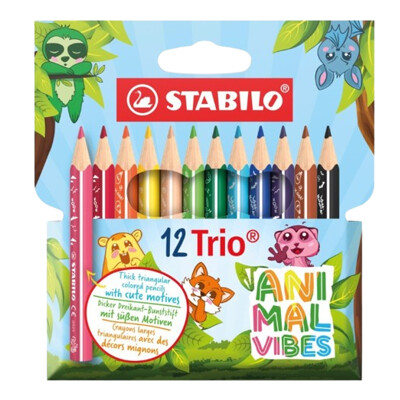 Pastelky trojhranné STABILO Trio, hrubá a krátka Sada Animal Vibes (12 farieb)...