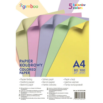 Farebný papier GIMBOO A4, 100 listov, 80 g, 5 pastelových farieb